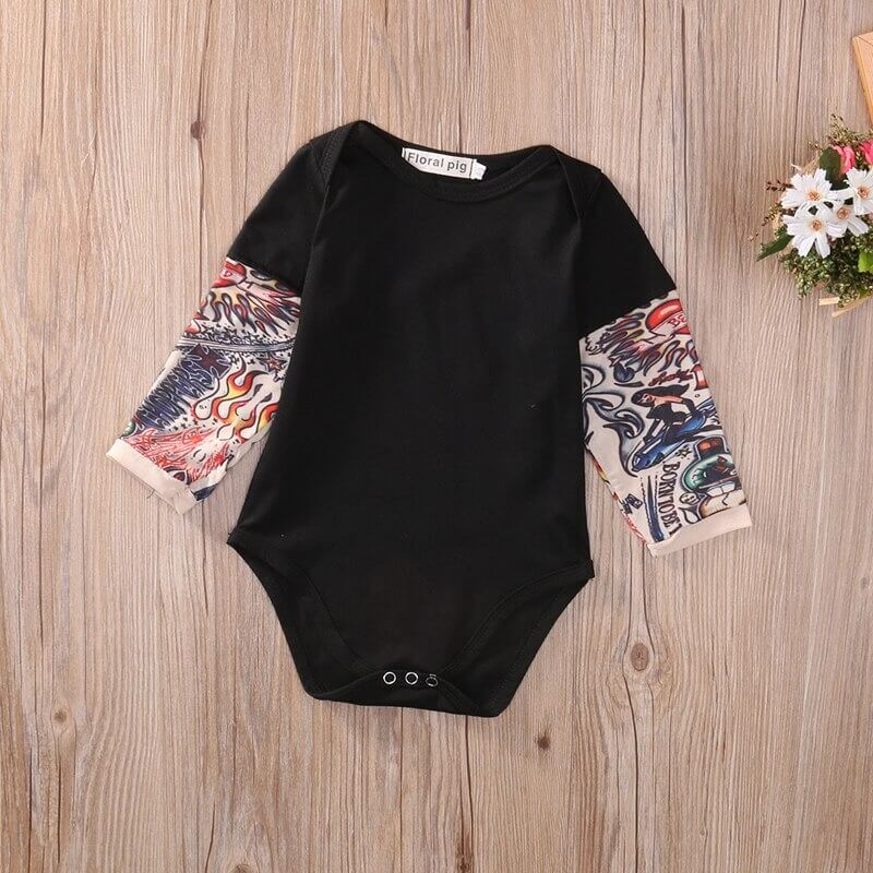 Long-sleeved baby bodysuit with tattoo print on the sleeves – Rockbaby