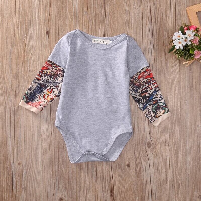 Long-sleeved baby bodysuit with tattoo print on the sleeves – Rockbaby