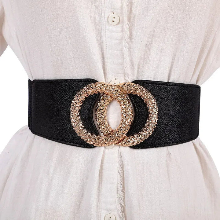 1 Pack Women's Elastic Belts with Multicoloured Double Circle Design-Black-State of Style
