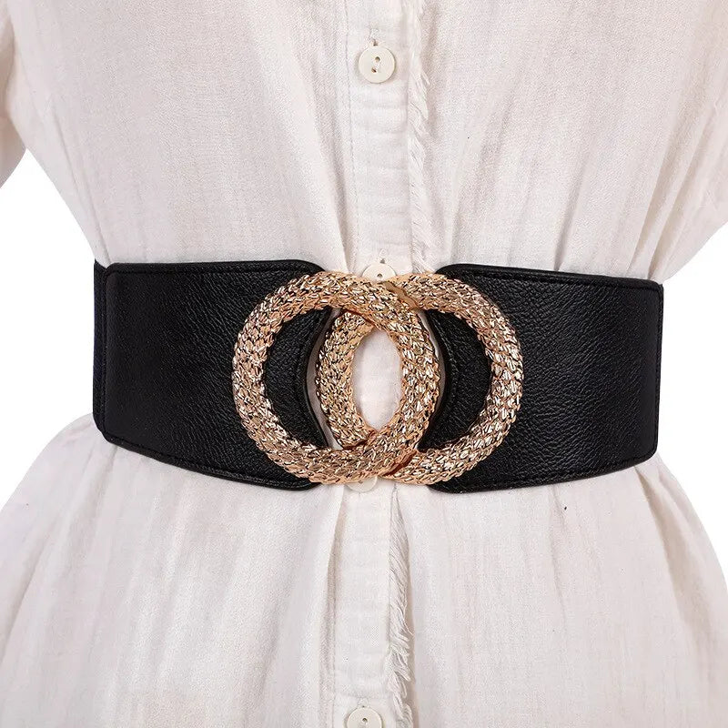 1 Pack Women's Elastic Belts with Multicoloured Double Circle Design-Black-State of Style