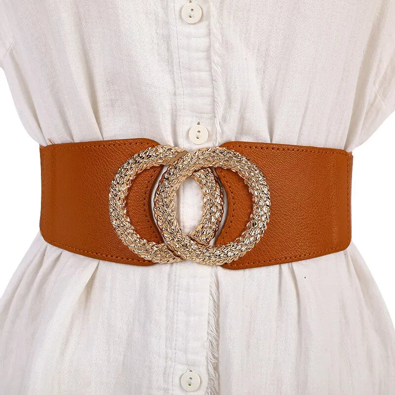 1 Pack Women's Elastic Belts with Multicoloured Double Circle Design-Camel-State of Style