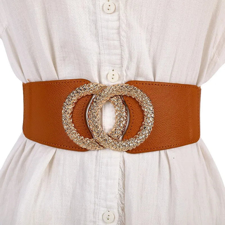 1 Pack Women's Elastic Belts with Multicoloured Double Circle Design-Camel-State of Style