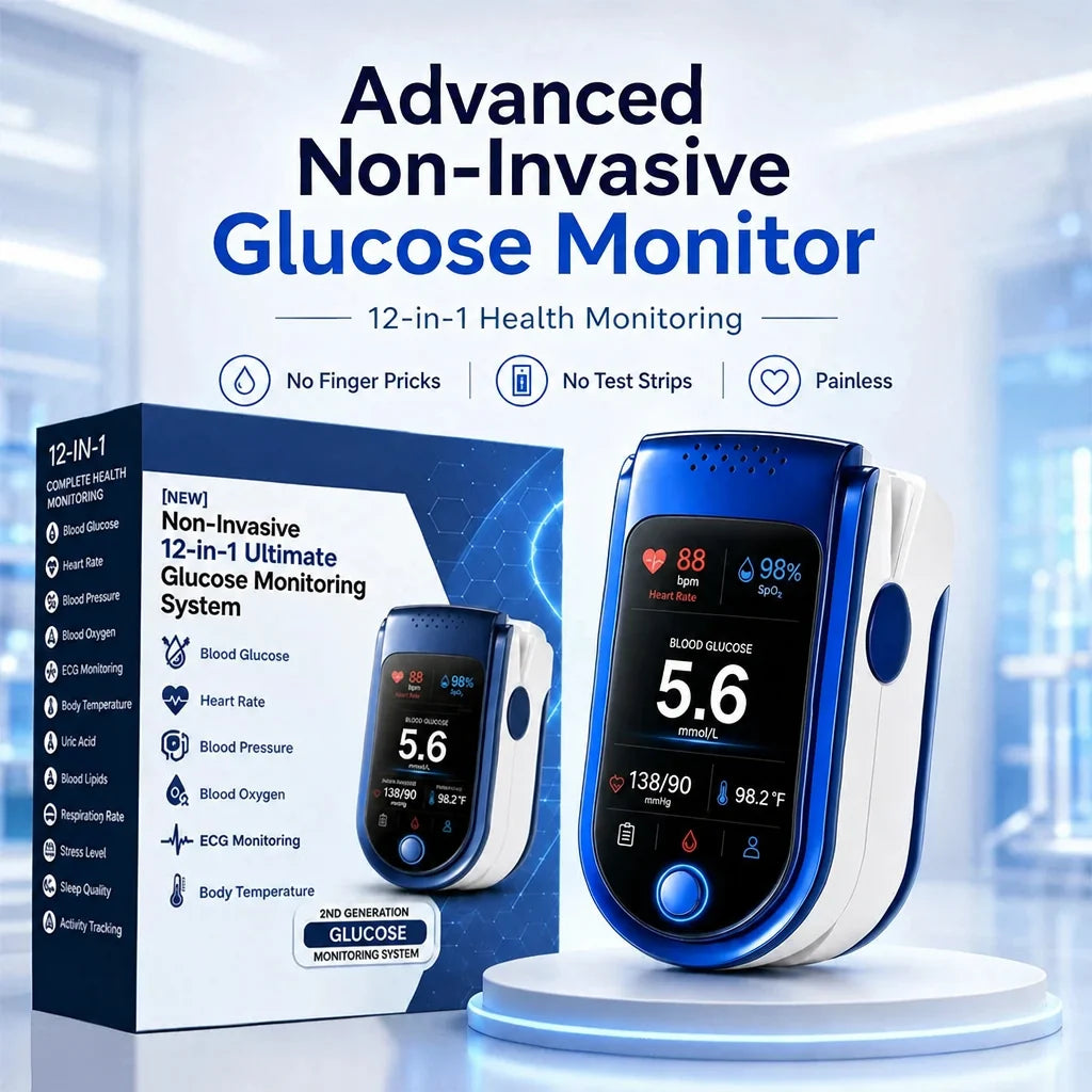 Monitor on a white platform in front of its retail box, which lists the twelve measurements it offers, in a bright laboratory setting. 10