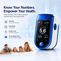 Fingertip monitor at an angle, its screen showing several readings, with a smiling family of four lying on a bed below. 4