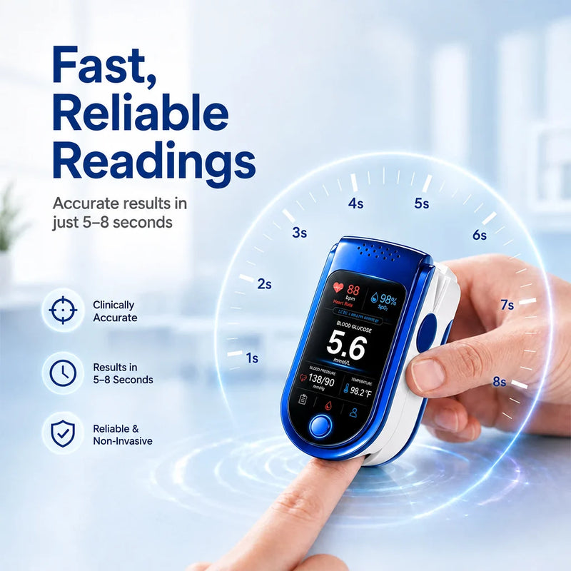 Hand placing a fingertip into the monitor, with a circular timer dial around it marking seconds from one to eight. 11
