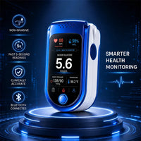 Monitor glowing on a dark circular display stand against a futuristic blue backdrop, with four feature icons down the left side. 6