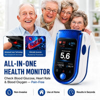 Blue and white fingertip health monitor with its colour screen beside four smiling older people, with small panels showing a laser sensor and blood cells. 1