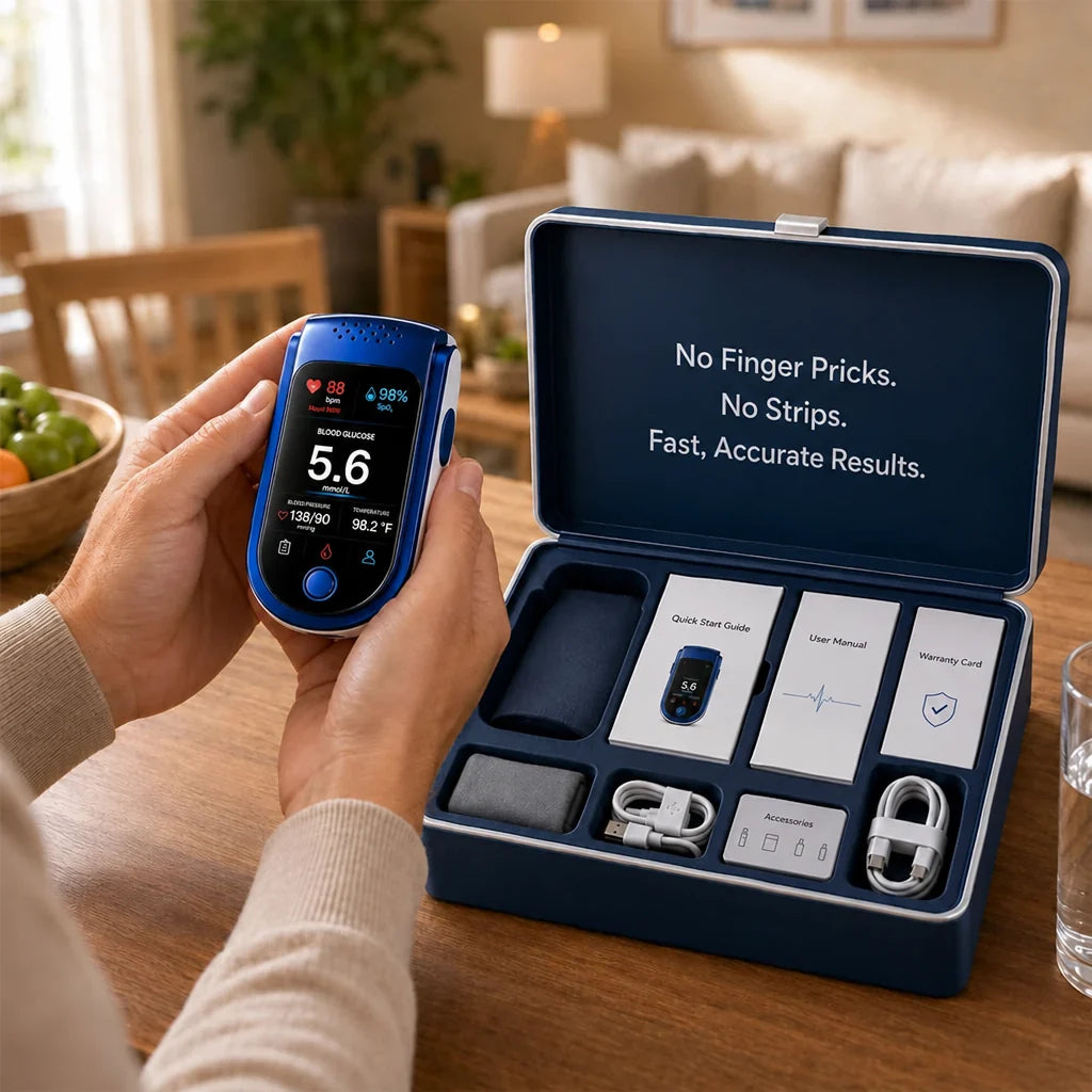 Hands hold the blue and white fingertip monitor beside an open navy case containing guides, a warranty card, cables, cuff and accessories. 2