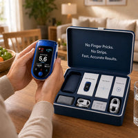 Hands hold the blue and white fingertip monitor beside an open navy case containing guides, a warranty card, cables, cuff and accessories. 2