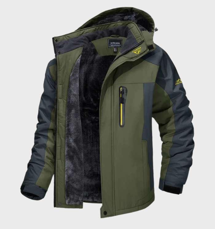 Unzipped hooded jacket in olive green with dark grey sleeves, showing thick fleece lining 1