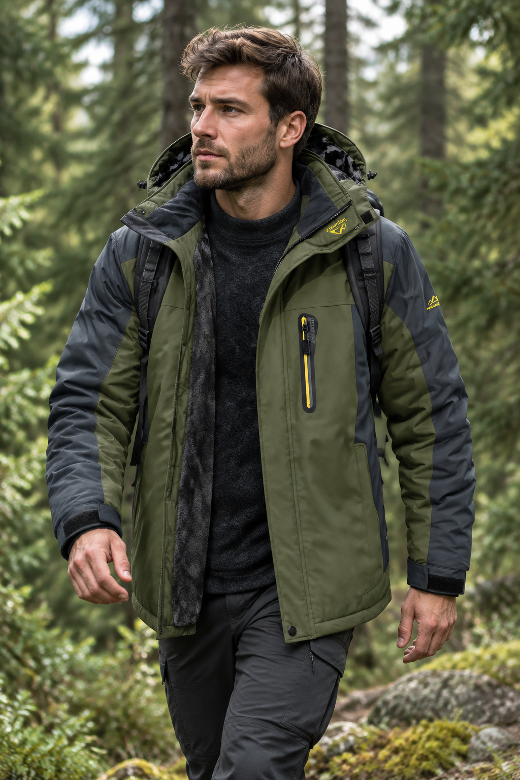 Bearded man wearing the olive green and grey jacket open over a dark jumper while hiking in a forest 1