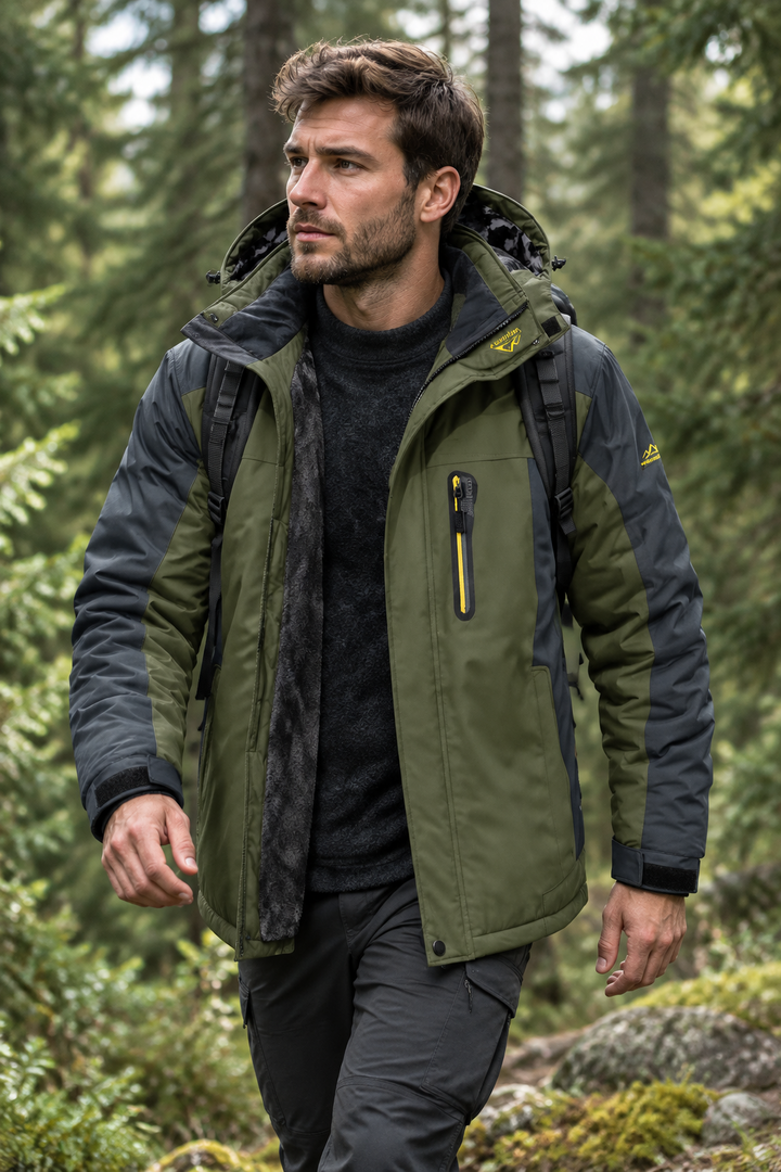 Bearded man wearing the olive green and grey jacket open over a dark jumper while hiking in a forest 1