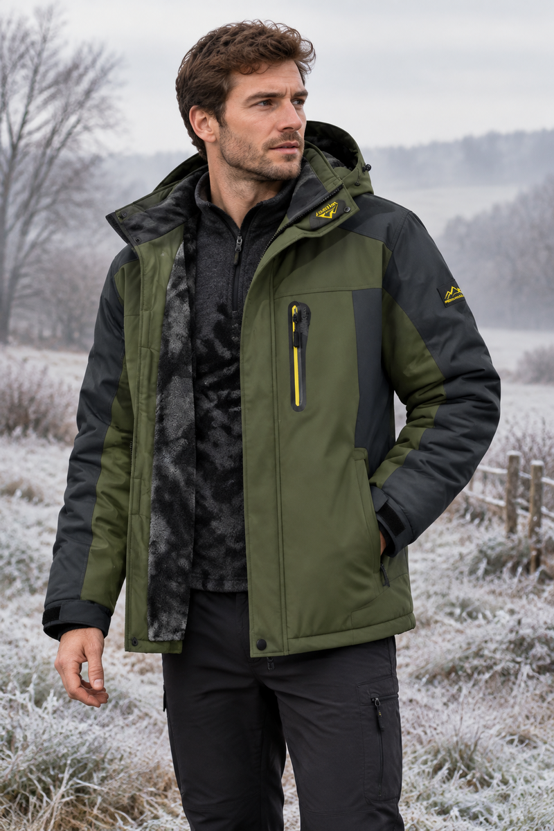 Man in a frosty field wearing the olive green and black hooded jacket open over a fleece 1