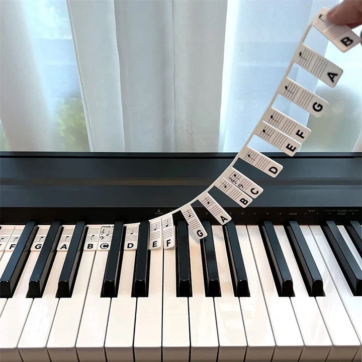 Removable silicone note labels for pianos and 88-key keyboards.