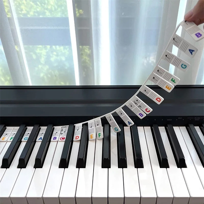 Removable silicone note labels for pianos and 88-key keyboards.