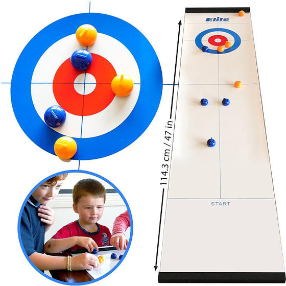 Mini table-top curling game for home use with sliding stones and magnetic sticks