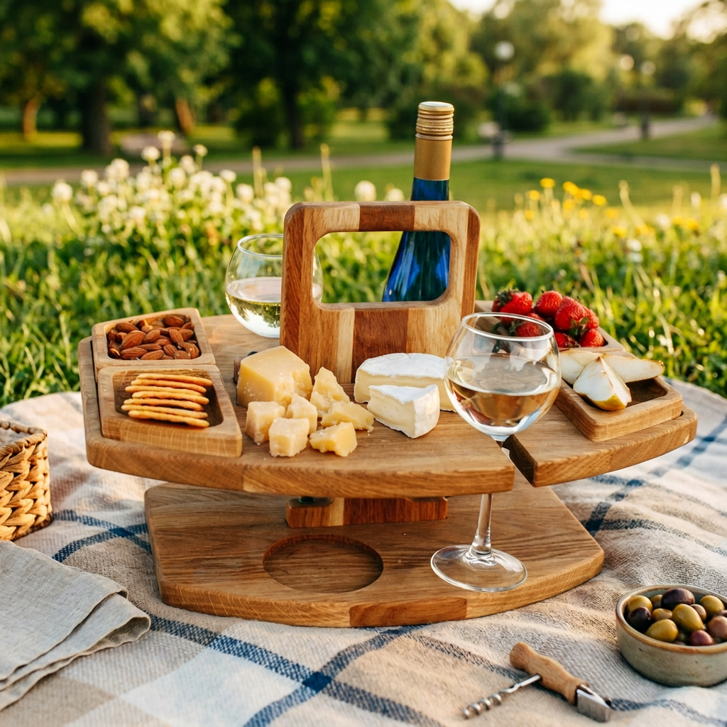 Wooden table with cheese, nuts, crackers, strawberries and wine on a picnic blanket in a sunny park 1