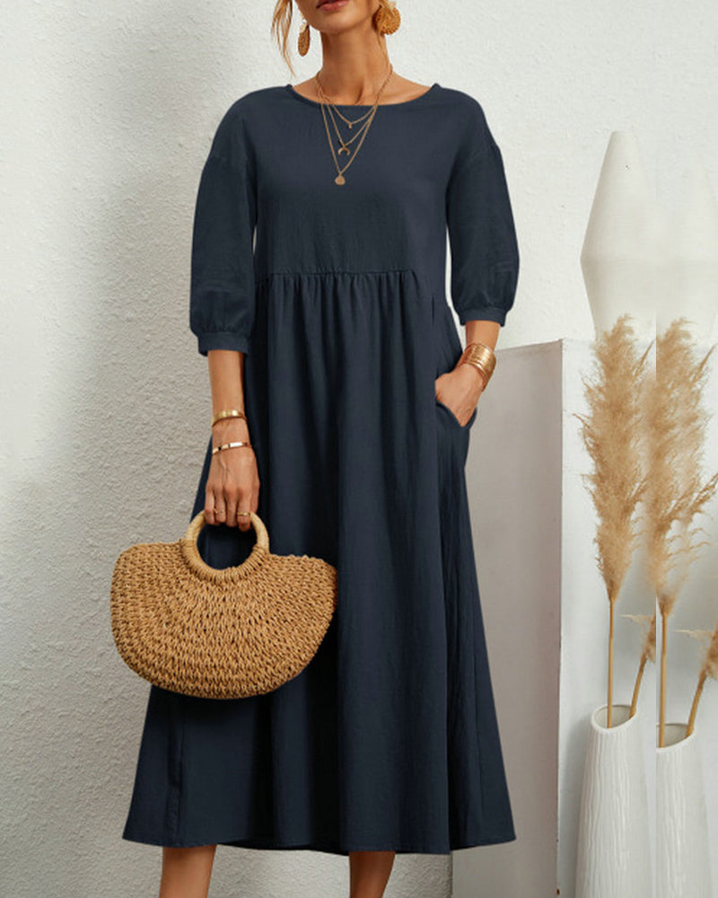 Midi dress with round neckline & lantern sleeves – Selina