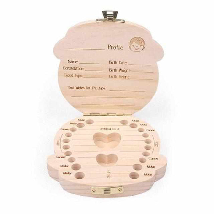 Wooden box for baby teeth with compartments, as a keepsake of the transition from baby to adult teeth.