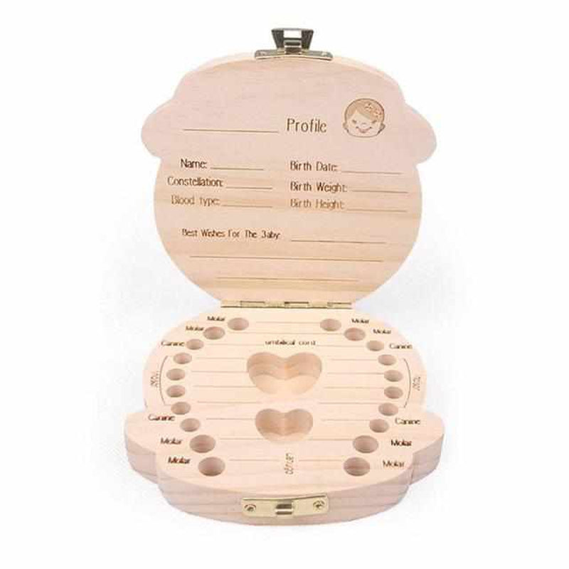 Wooden box for baby teeth with compartments, as a keepsake of the transition from baby to adult teeth.
