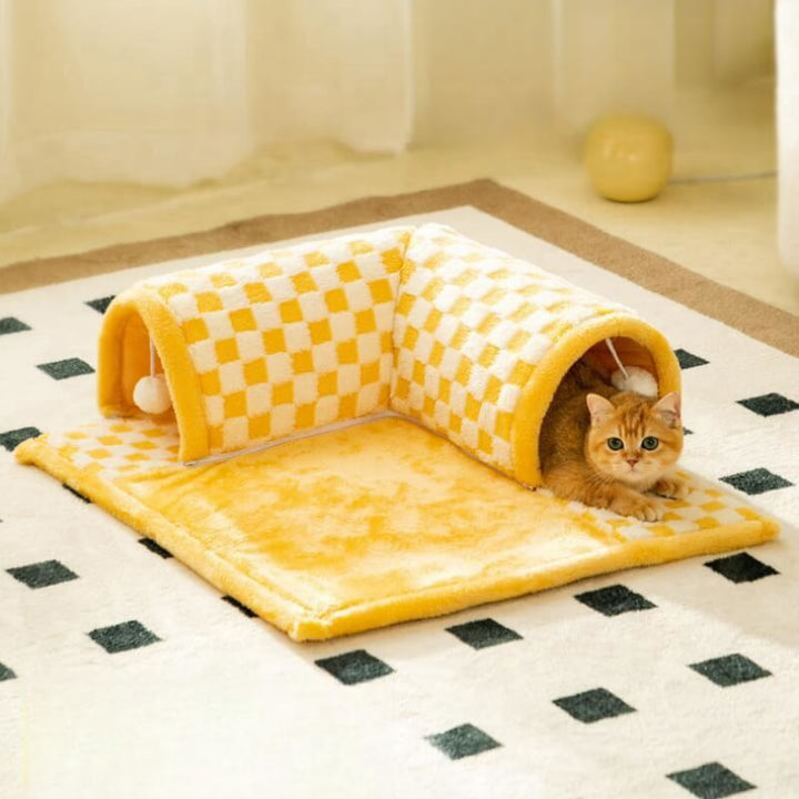 2-in-1 Cat Tunnel Bed - FurryFun-Yellow-S-State of Style