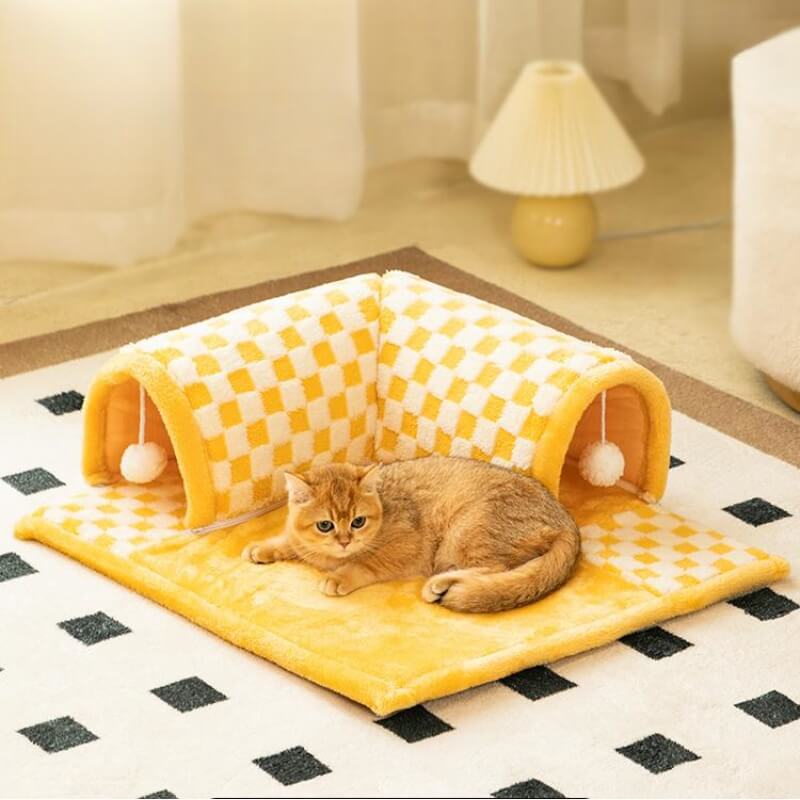 2-in-1 Cat Tunnel Bed - FurryFun-Yellow-S-State of Style