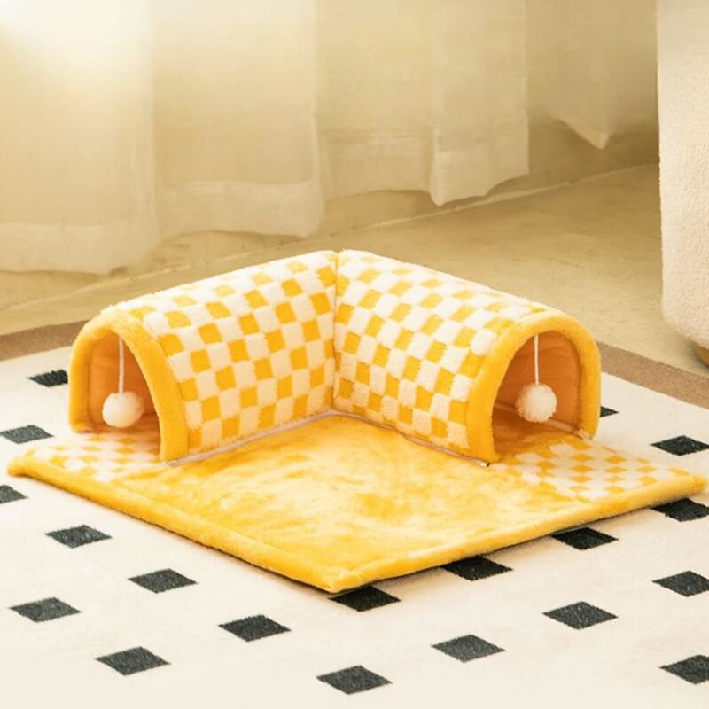 2-in-1 Cat Tunnel Bed - FurryFun-Yellow-S-State of Style