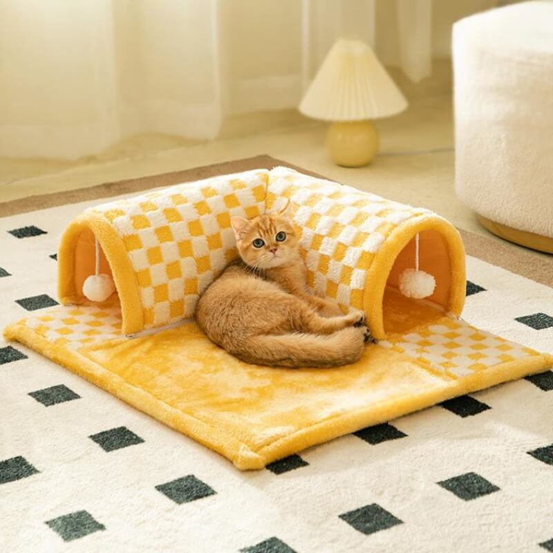 2-in-1 Cat Tunnel Bed - FurryFun-Yellow-S-State of Style