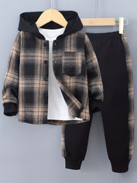 2-Piece Boys' Set Jordy with Checkered Hoodie and Jogging Trousers-Light brown-2-3Y-State of Style