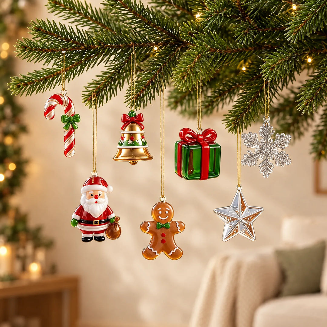 Glass-style Christmas charms hanging on gold threads from a fir branch: candy cane, bell, Santa, gingerbread man, gift, snowflake and star. 1