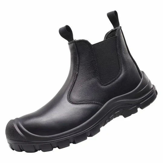 Single black leather pull-on ankle boot seen from the side, with elastic panel, pull tabs and chunky tread 2