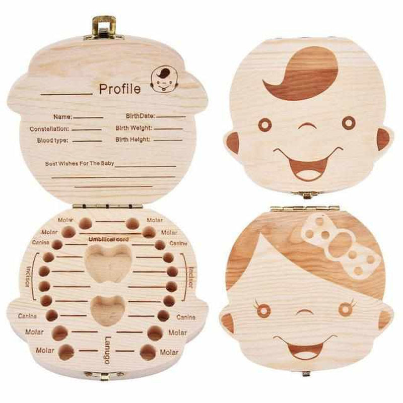 Wooden box for baby teeth with compartments, as a keepsake of the transition from baby to adult teeth.