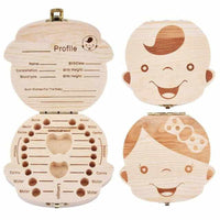 Wooden box for baby teeth with compartments, as a keepsake of the transition from baby to adult teeth.