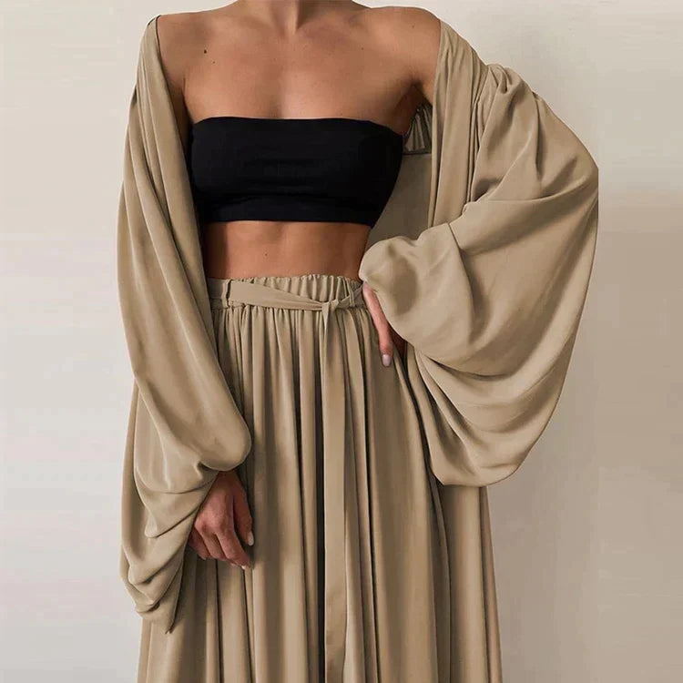 3-piece summer set with blazer, trousers & top – Leonie-Khaki-S-State of Style