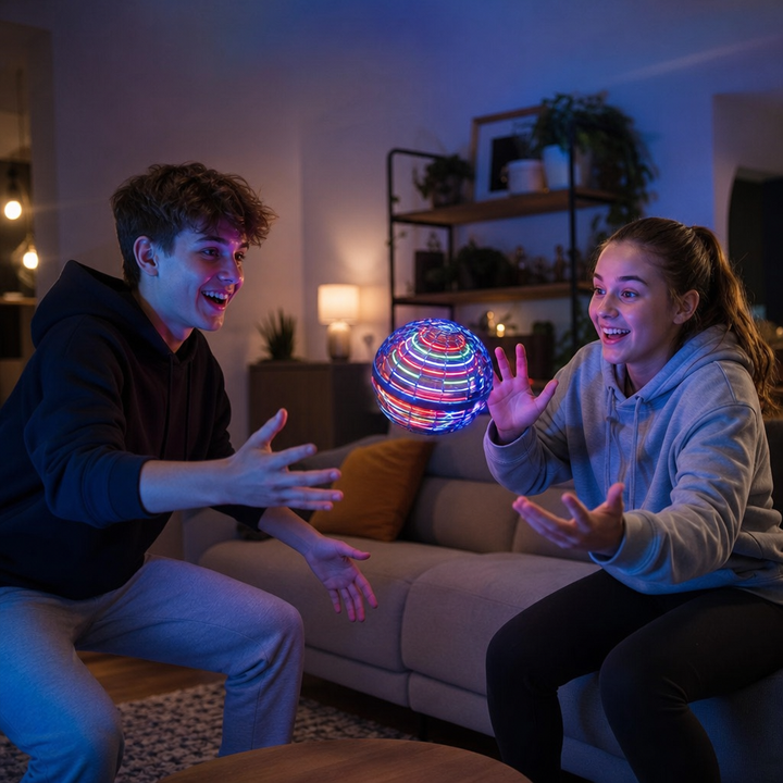 Teens playing with hover ball indoors at night