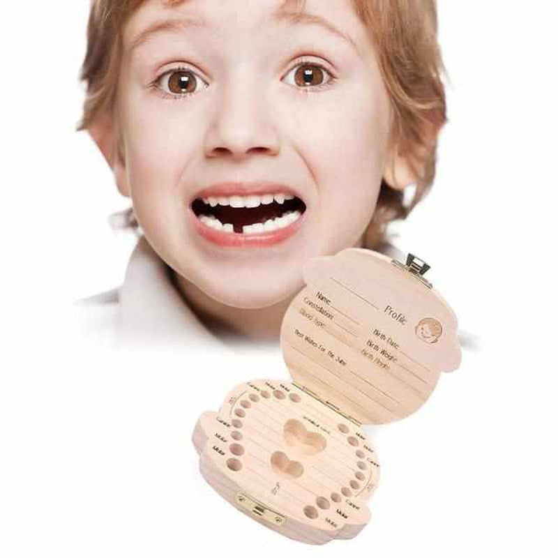 Wooden box for baby teeth with compartments, as a keepsake of the transition from baby to adult teeth.
