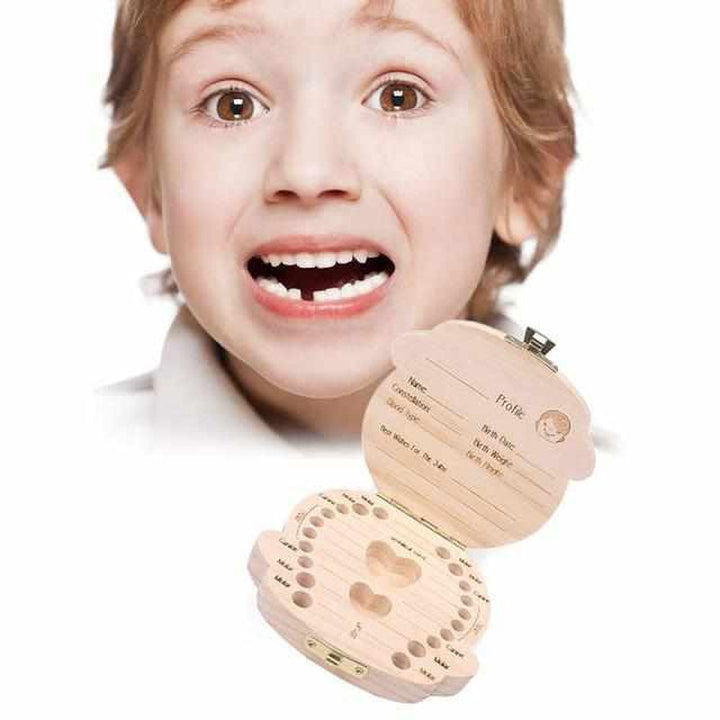 Wooden box for baby teeth with compartments, as a keepsake of the transition from baby to adult teeth.