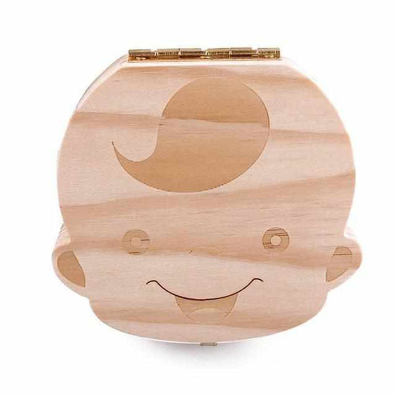 Wooden box for baby teeth with compartments, as a keepsake of the transition from baby to adult teeth.