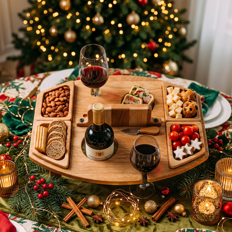 Overhead view of the wooden board spread with nuts, bread, tomatoes, cheese and two glasses of red wine 3