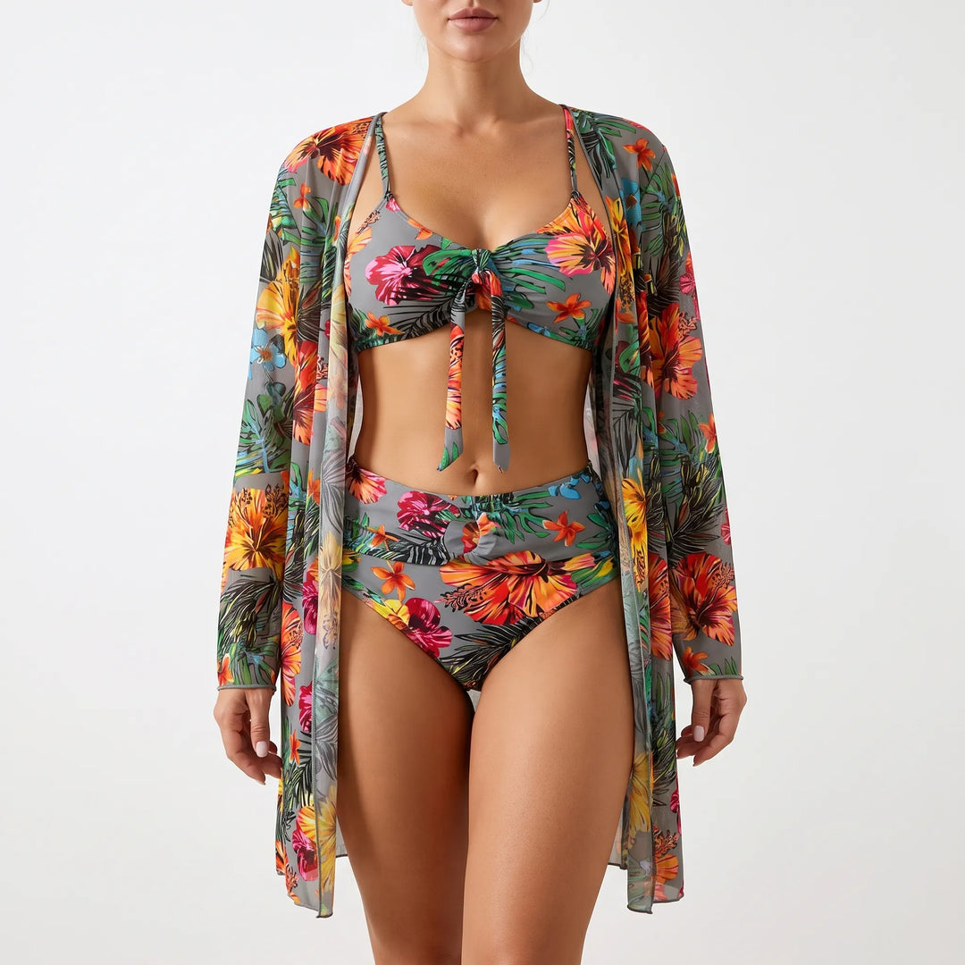 3 Piece Tropical Print Bikini Set - Claire
