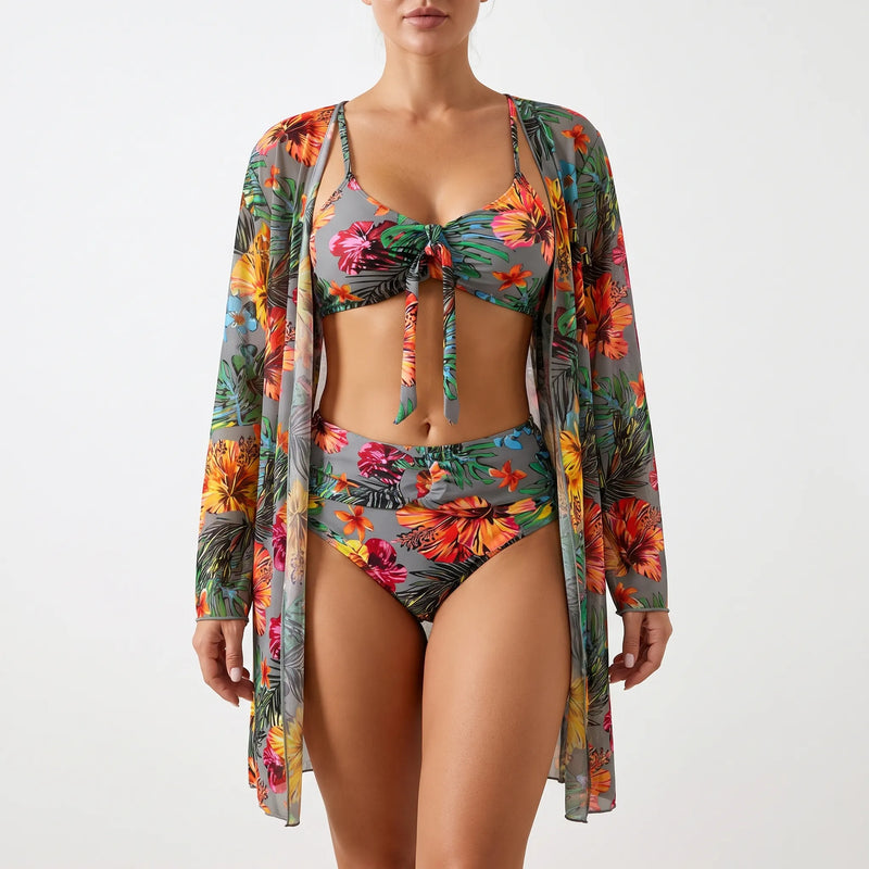 3 Piece Tropical Print Bikini Set - Claire