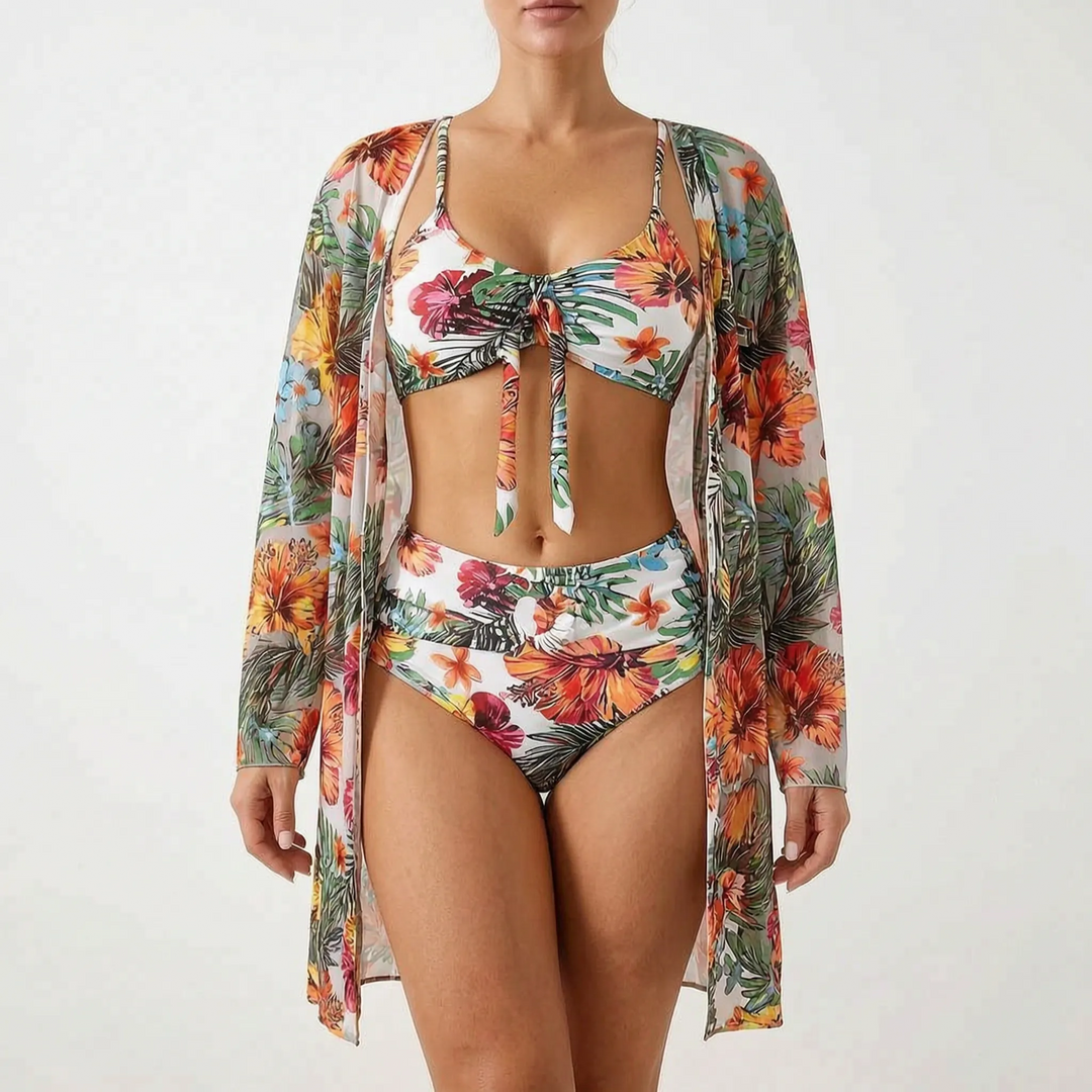 3 Piece Tropical Print Bikini Set - Claire