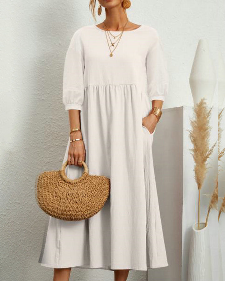 Midi dress with round neckline & lantern sleeves – Selina