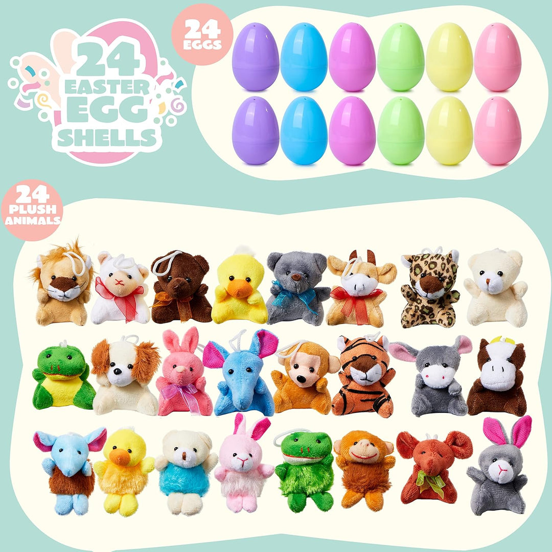 Plush Easter eggs containing mini animal toys for children – pack of 12 surprise eggs.
