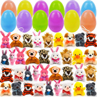 Plush Easter eggs containing mini animal toys for children – pack of 12 surprise eggs.