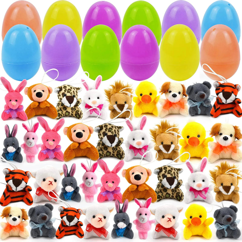 Plush Easter eggs containing mini animal toys for children – pack of 12 surprise eggs.