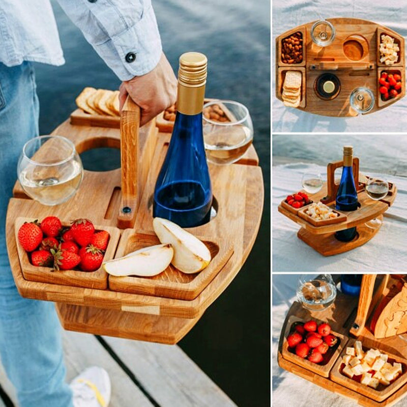 Collage of four views: carried by the handle, seen from above, set on a blanket, and a close-up of snacks 6