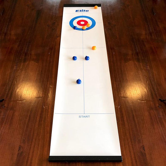 Mini table-top curling game for home use with sliding stones and magnetic sticks