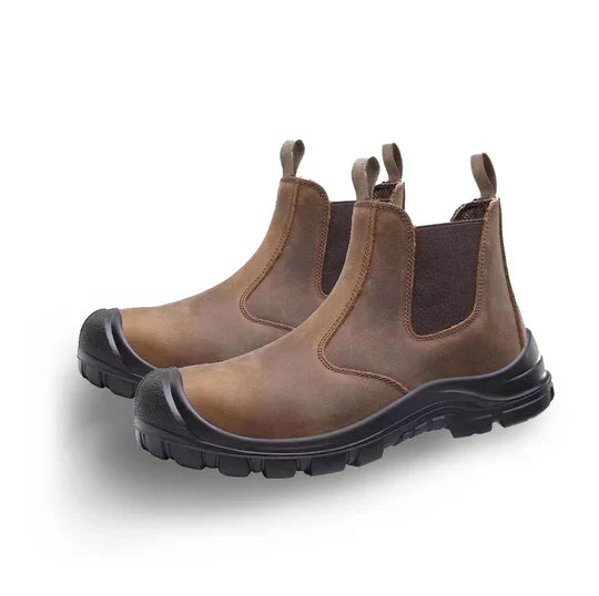 Pair of brown nubuck-style pull-on boots with black reinforced toe caps and dark elastic side panels 4