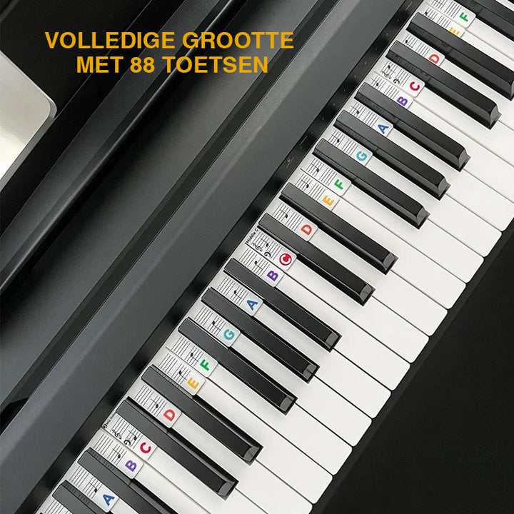 Removable silicone note labels for pianos and 88-key keyboards.